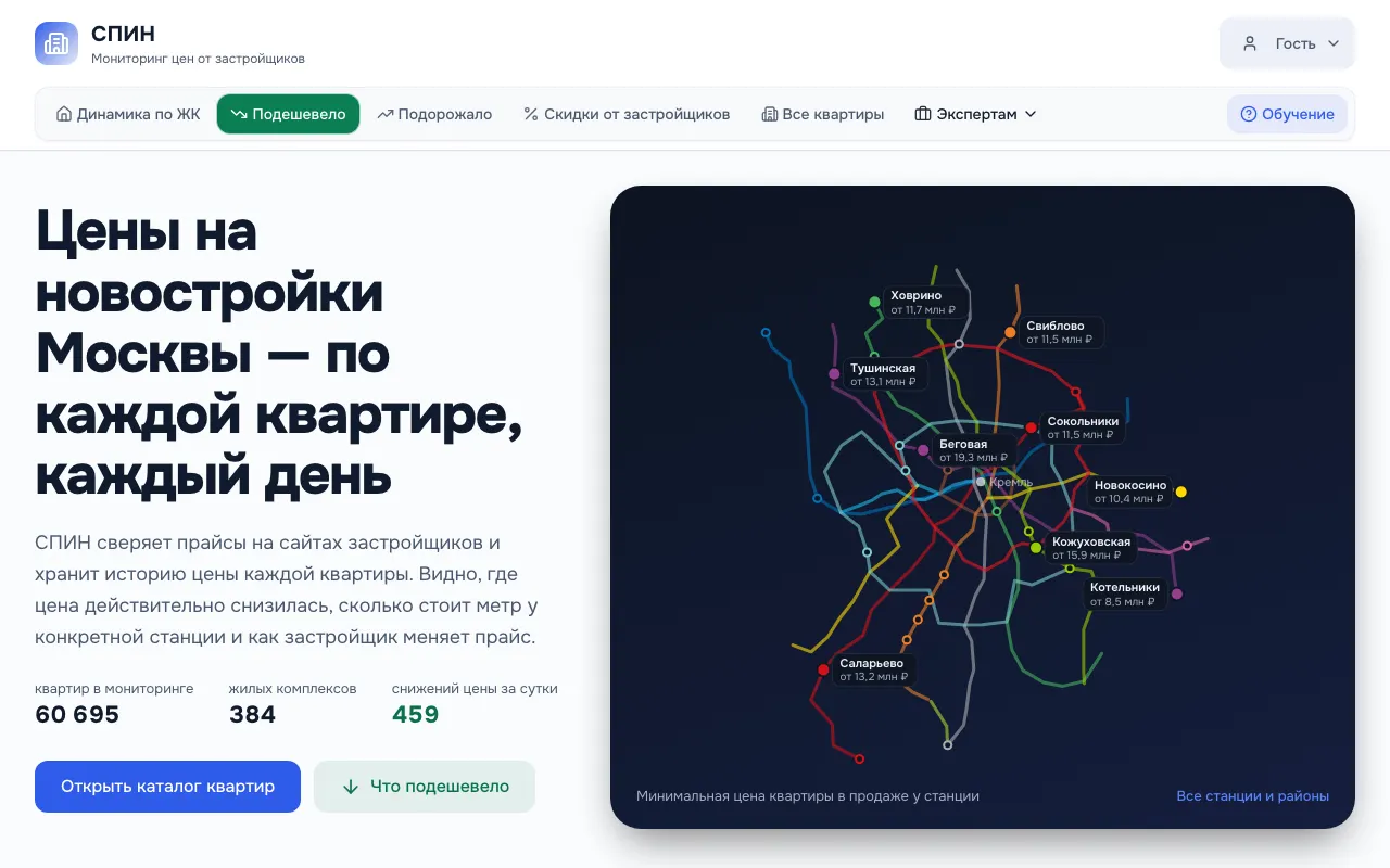 Главная страница витрины СПИН: схема метро Москвы с минимальными ценами у станций и число квартир в мониторинге